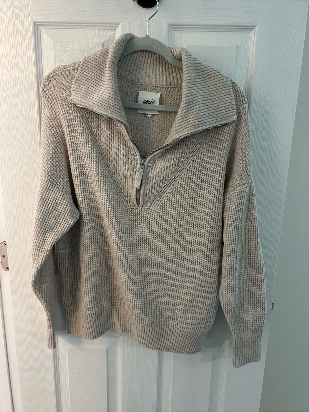 aerie Cream Waffle Knit Half-Zip V-Neck Sweater
